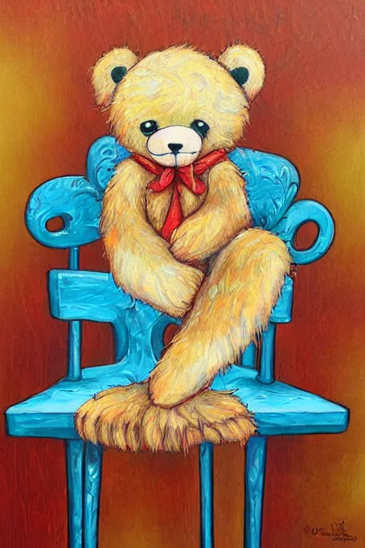 Image similar to a whimsical painting of a whimsical furry teddy bear sitting on a wooden chair painted by jeremiah ketner