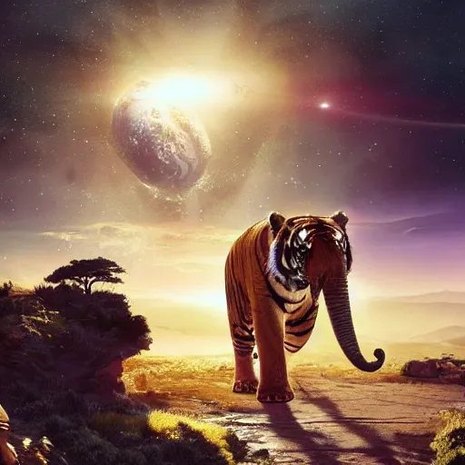 Image similar to planet - sized tiger elephant in space, next to the sun and stars, very wide shot, epic composition, hyper detailed, digital art, trending in artstation, cinematic lighting, studio quality, unreal engine 5 rendered, art style by klimt and nixeu and ian sprigger and wlop and krenz cushart