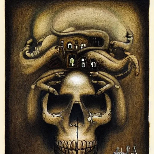 Prompt: A beautiful mixed media art of a skull that is part organic, part mechanic. It is an accurate representation of how the artist sees the world. dolls house by Alfred Kubin balmy