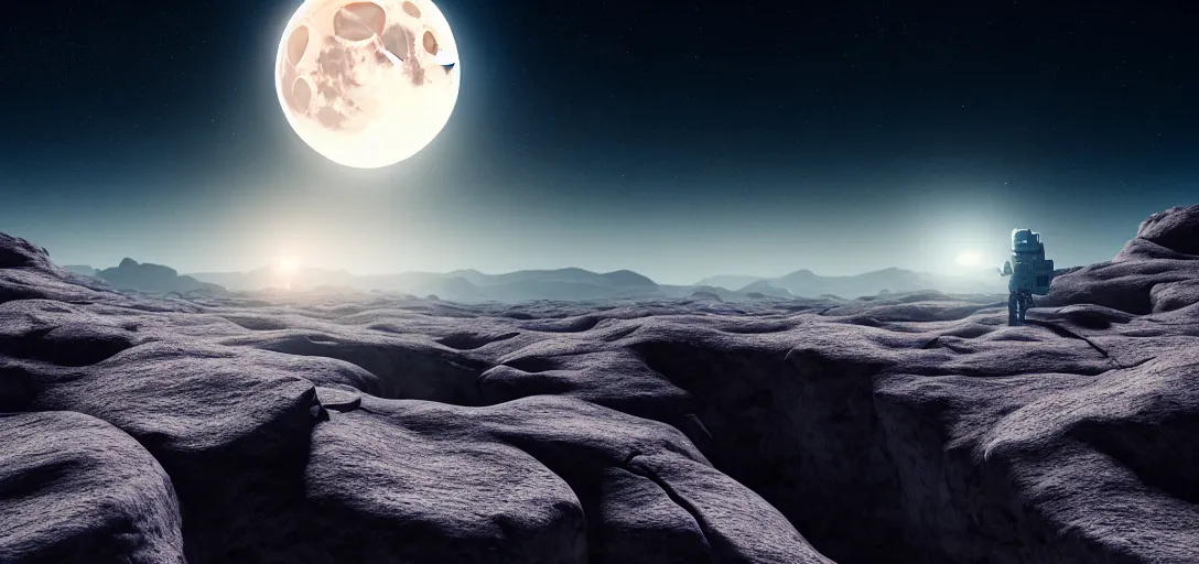 Prompt: octane render uhd, filmic lighting, cinematic art shot, hyperrealistic, hyperdetailed, super detailed, 8 k, high resolution, moon landscape, white rocks made of bone, 8 k uhd matte painting, mega high white mountain, midnight