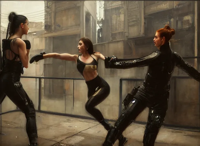 Prompt: Maria evades sgt Nash. Cyberpunk hacker in jumpsuit escaping menacing police troopers (blade runner 2049). beautiful face. kickboxing. Iranian orientalist portrait by john william waterhouse and Edwin Longsden Long and Theodore Ralli and Nasreddine Dinet, oil on canvas. Cinematic, hyper realism, realistic proportions, dramatic lighting, high detail 4k