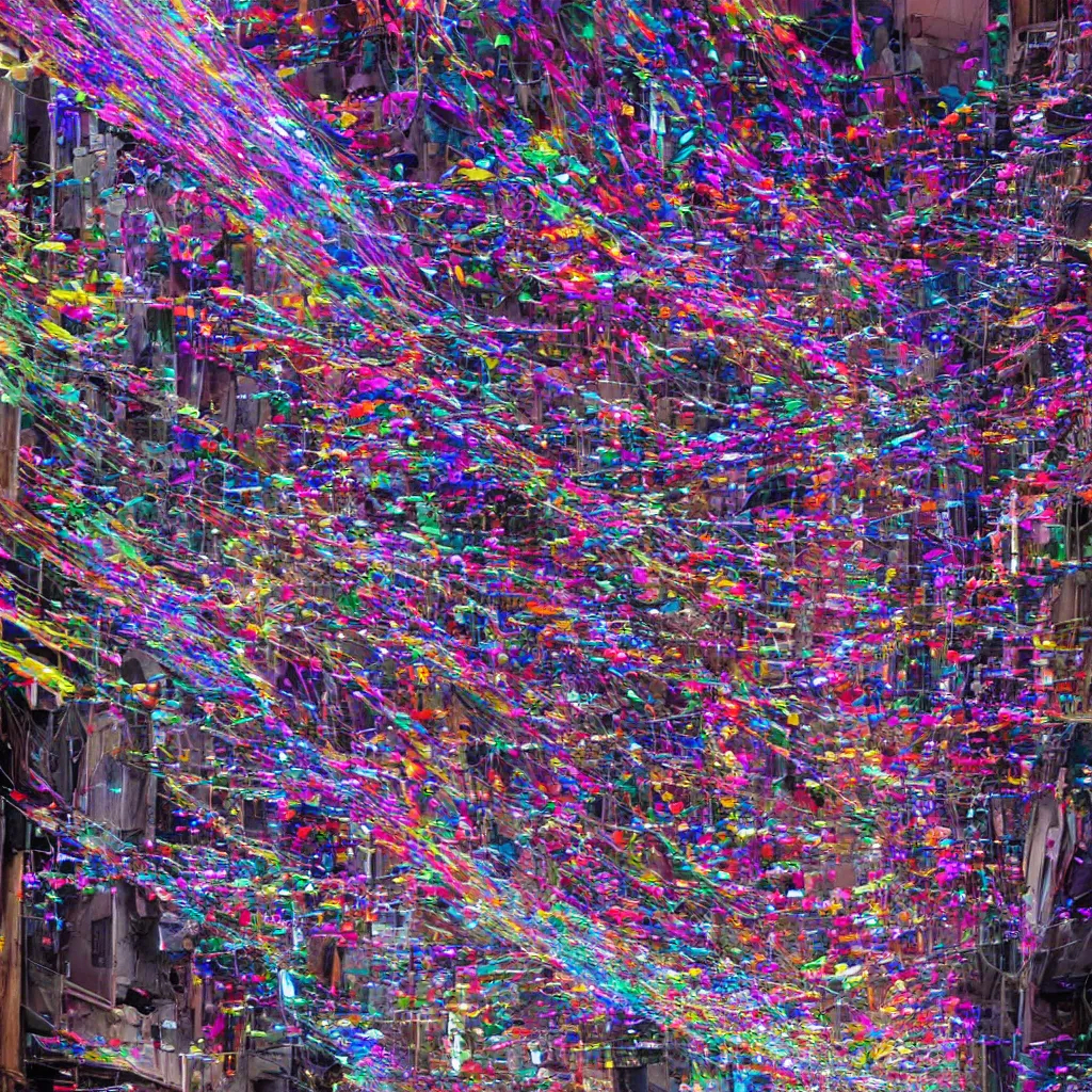 Image similar to a thin layer of microscopic multi-colored glitter twists and twirls in a light breeze above the narrow streets of a cyberpunk city