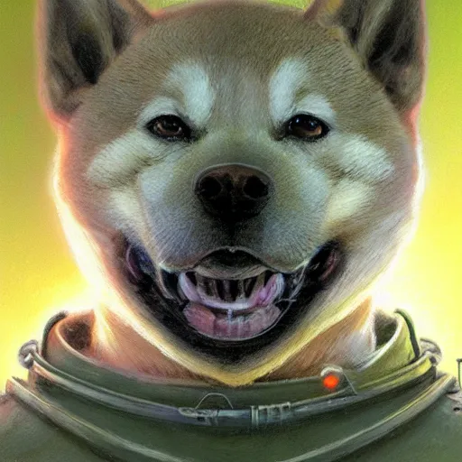 Prompt: realistic anthropomorphic shiba inu, in hazmat suit armor, fantasy science fiction, glowing electric aura, by donato giancola and greg rutkowski and wayne barlow and zdzisław beksinski, realistic face, visible face, digital art, artstation, symmetry