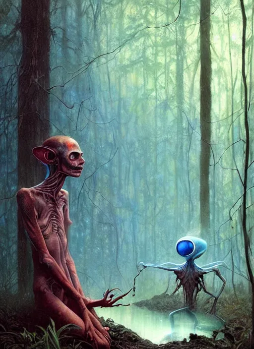 Image similar to hyper realistic magic alien in the woods in a river gorgeous lighting, lush forest foliage blue sky a hyper realistic painting by chiara bautista and beksinski and norman rockwell and greg rutkowski, tom bagshaw weta studio, and lucasfilm