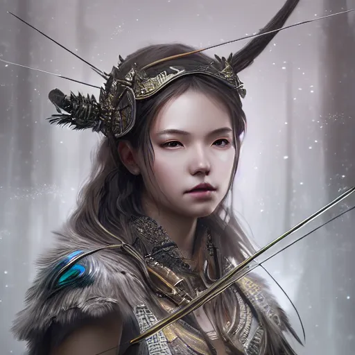 Image similar to beautiful extremely detailed intricate concept art depicting an archer by wlop. shining jewelry. grey atmosphere. particles in the background. deviantart