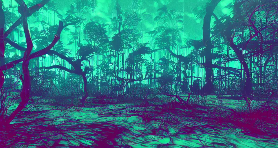 Image similar to 80s vaporwave outrun 3d Render of deep sea forest, liminal space retro, grainy, noisy