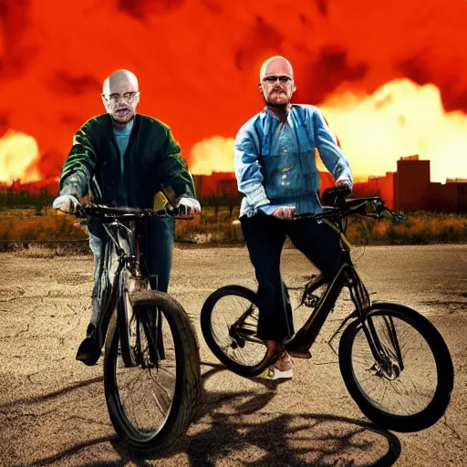 Image similar to photo of walter white and jesse pinkman riding bikes with an exploding building behind them, color, cinematic lighting, highly detailed