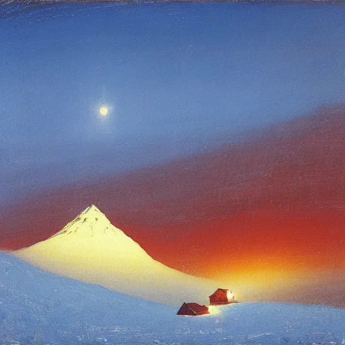 Image similar to mt elbrus at night, arkhip kuindzhi painting, oil painting, luminous light, blue palette