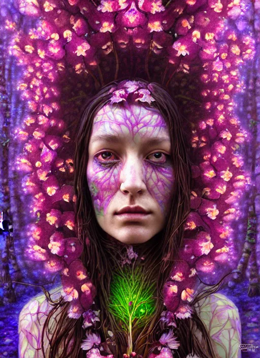 Prompt: a psychedelic organic shaman, made of orchids and cherry blossom trees, made of mushrooms, diffuse lighting, fantasy, intricate, highly detailed, photorealistic, digital painting, artstation, beautiful woman, concept art, smooth, sharp focus, by john collier and albert aublet, by amanda sage