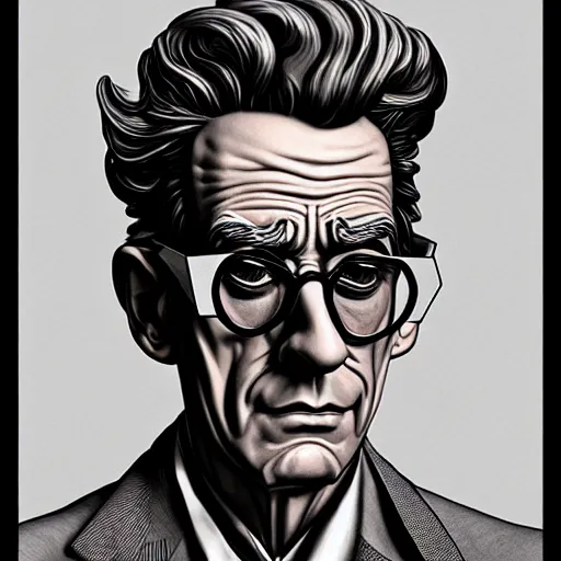 Image similar to 1 9 5 5 rick sanchez portrait by mc escher and james jean and erik jones, inspired by mc escher, fine face features, intricate high details, sharp, ultradetailed, 3 d octane render