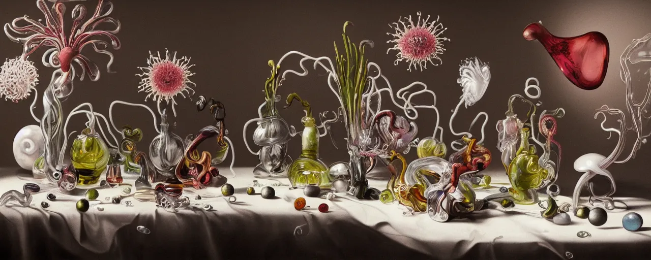 Prompt: ultradetailed minimalistic still life with jelly flowers by ernst haeckel, caravaggio, yves tanguy, roger dean and andrei tarkovsky, beautiful drapes, vases and bottles, colourful slime, single tentacle, few eyeballs, wide angle, cinematic, octane render, bokeh, unreal engine, 4k 3d render