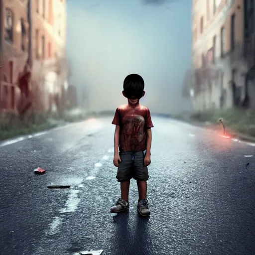 Image similar to boy standing wearing dirty clothes in the middle of the road. ruins of war around. the boy crying. symmetric, hands, face, fingers, photorealistic, hyperrealistic, cinematic, artstation, octane render, 8 k