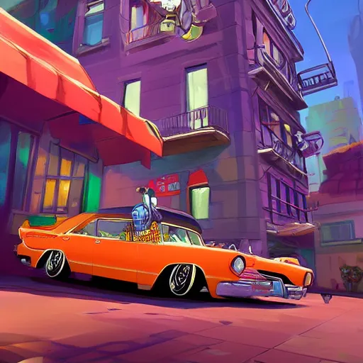 Image similar to swagger! lowrider culture, living large in the city by tyler edlin, editorial, bold colors, detailed, bold colors, incredible lighting, great composition, artstation