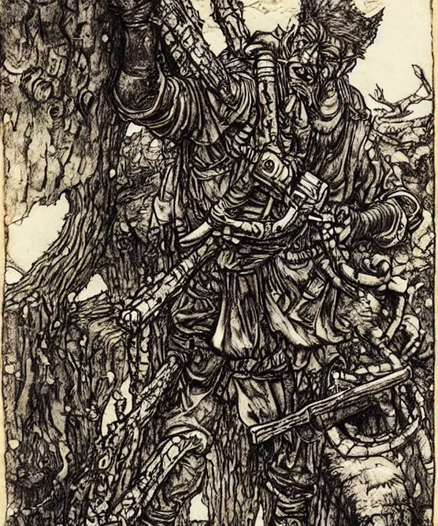 Prompt: Large chainsawheaded man-semichainsaw with chainsaws instead of hands dressed in chainsaws. Extremely high detailed, fine details, realistic, solo, masterpiece, art by Tatsuki Fujimoto, Arthur Rackham