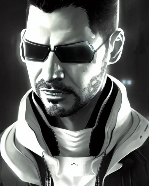 Prompt: portrait of adam jensen, deus ex influence, cyberpunk influence, artstation trending, deviantart, highly detailed, focus, smooth, by hirohiko araki, yoshitaka amano