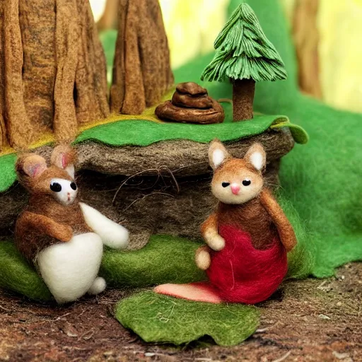 Image similar to high - res photograph of a felt sculpture diorama with cute fluffy forest critters, highly detailed sculpey diorama, forest setting, waterfall backdrop, realistic materials, wood, felt, cloth, burlap, smooth, sharp foccus, commercial product photography,