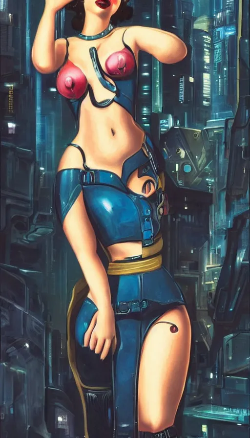 Image similar to cyberpunk woman in the style of a 1 9 4 0 s oil painted pin - up