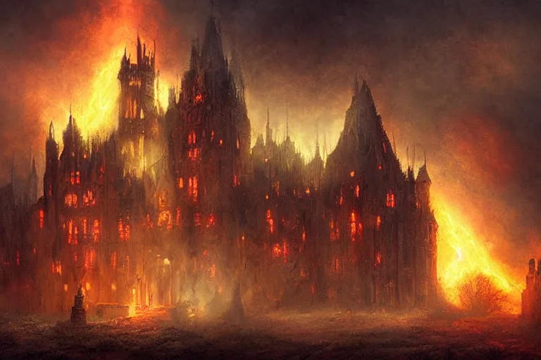 Prompt: Ornate Castle made of Fire, atmospheric, digital art, fantasy, magic, arcane, volumetric lighting, illustration by Seb McKinnon, realistic