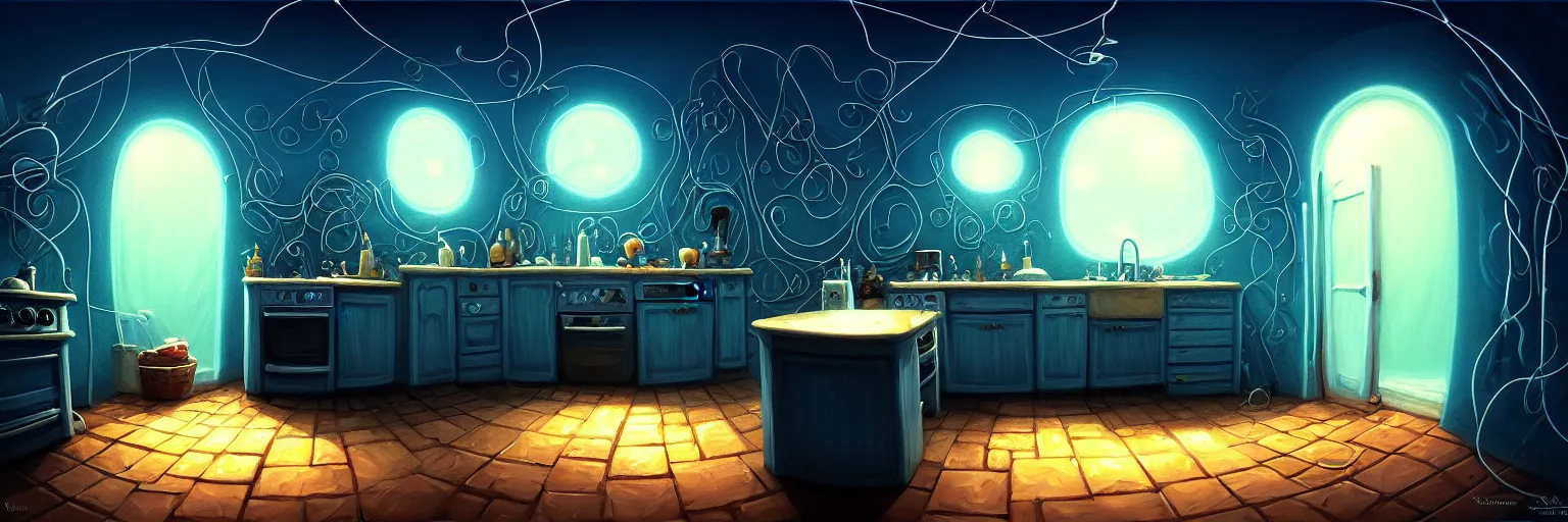 Prompt: veiled dark underground, basement, fisheye spiral, naive, extra narrow, detailed illustration of a kitchen, large floor, dimly lit by rhads from lorax movie, trending artstation, dark blue, vines crawling, tavern