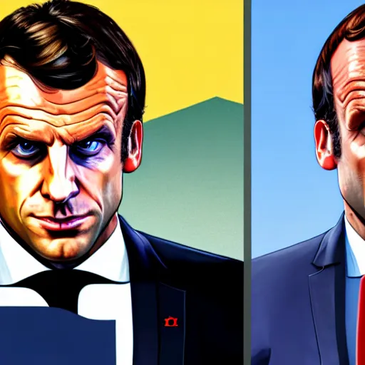 Image similar to emmanuel macron in a gta v cover art by stephen bliss