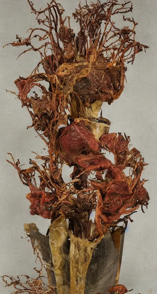 Image similar to Human flesh, bones, rotten meat and rusted metal arranged inside a flower vase