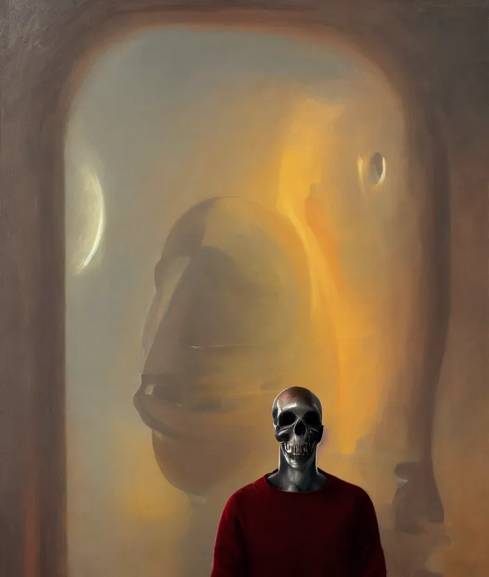 Image similar to a portrait of an astronaut with a skull head standing in front of the entrance to ethereal realm, cinematic and highly detailed oil painting by josep tapiro baro and edward hopper, trending on artstation, oil painting masterpiece, symmetry, mysterious, very aesthetic, cinematic and dramatic red light, 4 k,