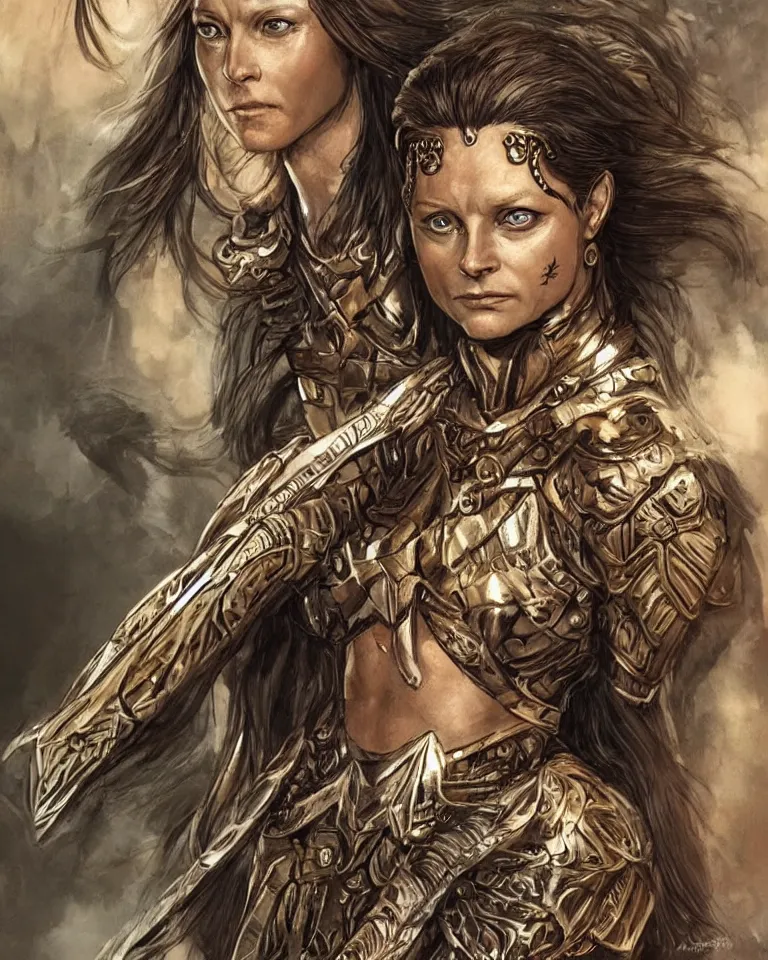 Image similar to a young jodie foster as an amazon warrior, tall and beautiful with brown skin and long hair, dressed in hellenistic body armor, intricate, elegant, highly detailed, smooth, sharp focus, detailed face, art by ardian syaf