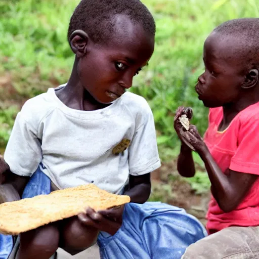 Prompt: photo of a malnourished ugandan boy sharing bread with a blond well fed child american