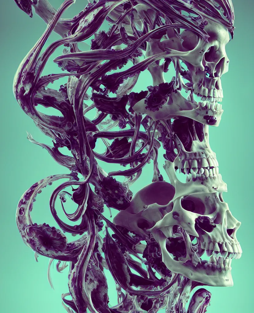 Image similar to symmetry!! goddess close - up portrait human skeleton, ram skull, squid phoenix jellyfish, orchid, betta fish, bioluminiscent, intricate artwork by tooth wu and wlop and beeple. octane render, trending on artstation, greg rutkowski very coherent symmetrical artwork. cinematic, hyper realism, high detail, octane render, 8 k