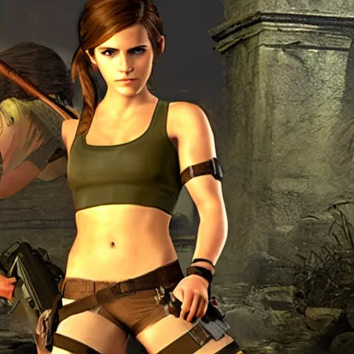 Image similar to Screenshot of Emma Watson as Lara Croft video game