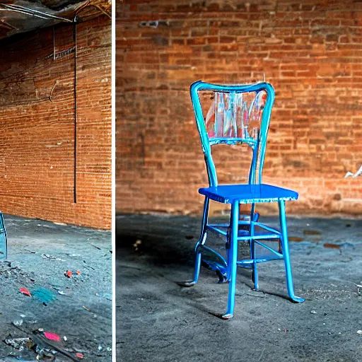 Prompt: detailed extreme long shot photos from abandoned warehouse with one blue plastic old chair in the middle, and orange cat sittin on it in the style of moneta sleet jr. and j. ross baughman