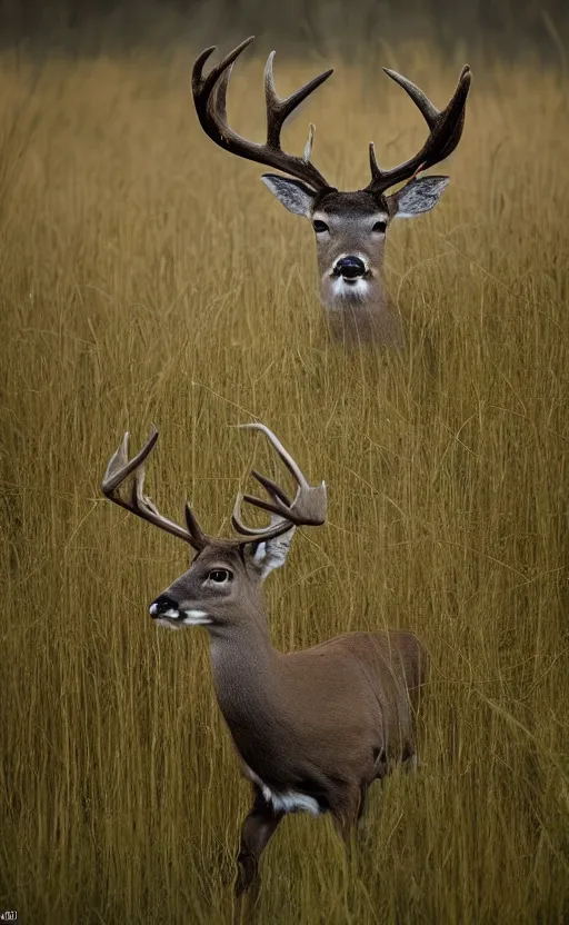 Prompt: a portrait of a mighty and wise deer king with antlers looking straight in the camera, there is tall grass, forest in the background, phenomenal photography, ambient light, sunrays from the left, 8 5 mm f 1. 8 composition by robert capa