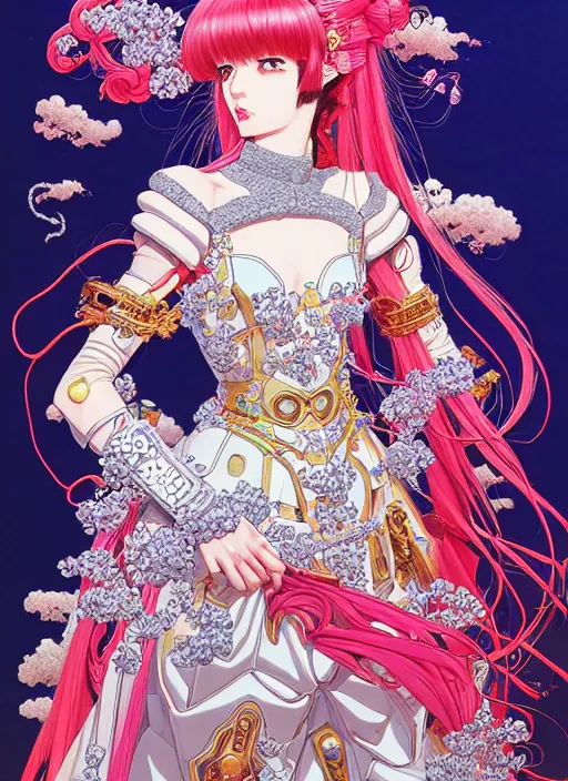 Image similar to highly detailed artstation katsuhiro otomo fluorescent fantastic fate manga poster of princess mechine, minaba hideo,, long hair, armor, laces, ruffles, 8 k, maximalist, art nouveau,