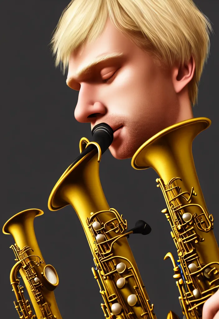 Prompt: a highly detailed portrait of a blond man with nice cloths playing the sax, on a nice calm serene environment, artstation, DeviantArt, professional, octane render