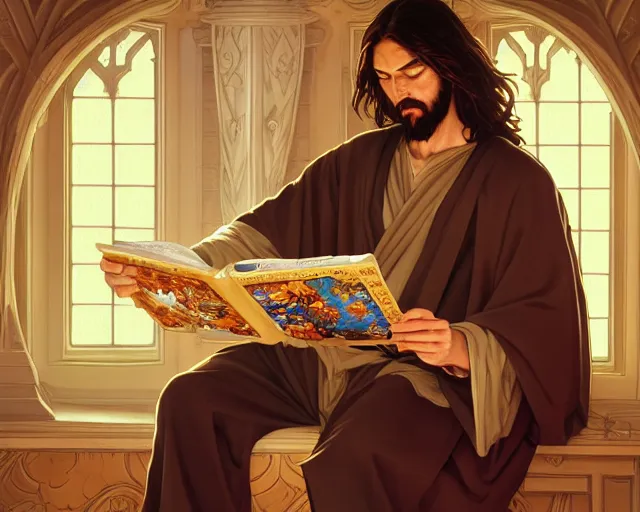 Image similar to photography of jesus christ sitting on a toilet reading manga, deep focus, d & d, fantasy, intricate, elegant, highly detailed, simple background, digital painting, artstation, concept art, matte, sharp focus, illustration, hearthstone, art by artgerm and greg rutkowski and alphonse mucha