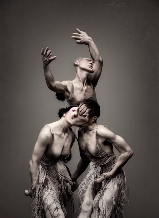 Image similar to expressive potrait photo of a clothed male and female butoh dancers dancing, glamour shot, by jenny saville, by stefan gesell, photorealistic, canon r 3, fashion photography, hyper maximalist, elegant, ornate, luxury, elite, environmental portrait, symmetrical features, octane render, unreal engine, solid dark grey background, dramatic lights