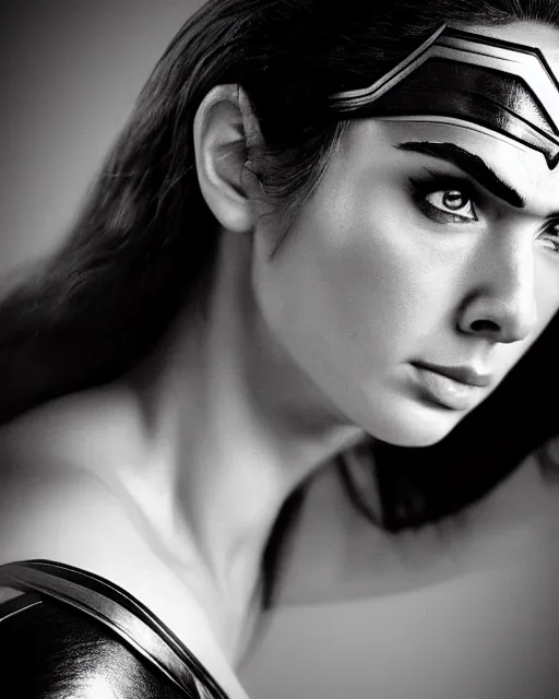 Prompt: tired angry wonderwoman portrait hd sharp monochrome technoir photo with mix of gal Gadot and Linda Carter in frank Miller Alex Ross style detailed trending on artstation Leica Zeiss depth of field