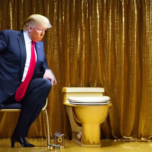 Image similar to donald trump sitting on a gold toilet looking upset, photorealistic