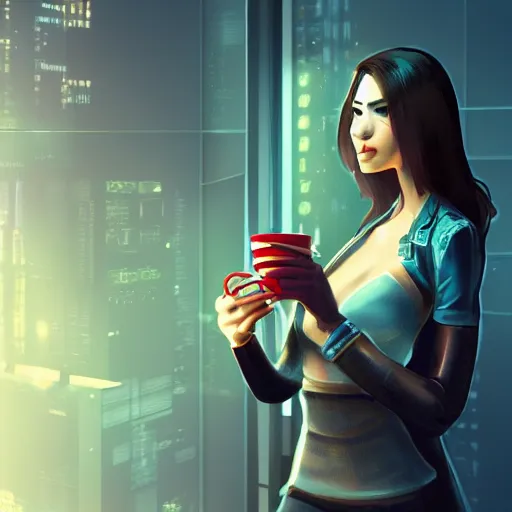 Prompt: portrait of a good-looking female software developer having a cup of coffee. cyberpunk style, digital art artstation cgsociety