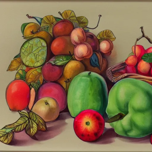 Image similar to collection of various fruits, gouache painting, isolated