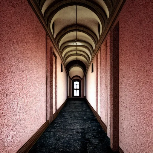 Prompt: a long littered asylum hallway, arched ceiling, one point perspective, vanishing point, symmetrical composition, rich colors, dramatic lighting, by lee madgwick, photorealistic, v - ray render 8 k uhd