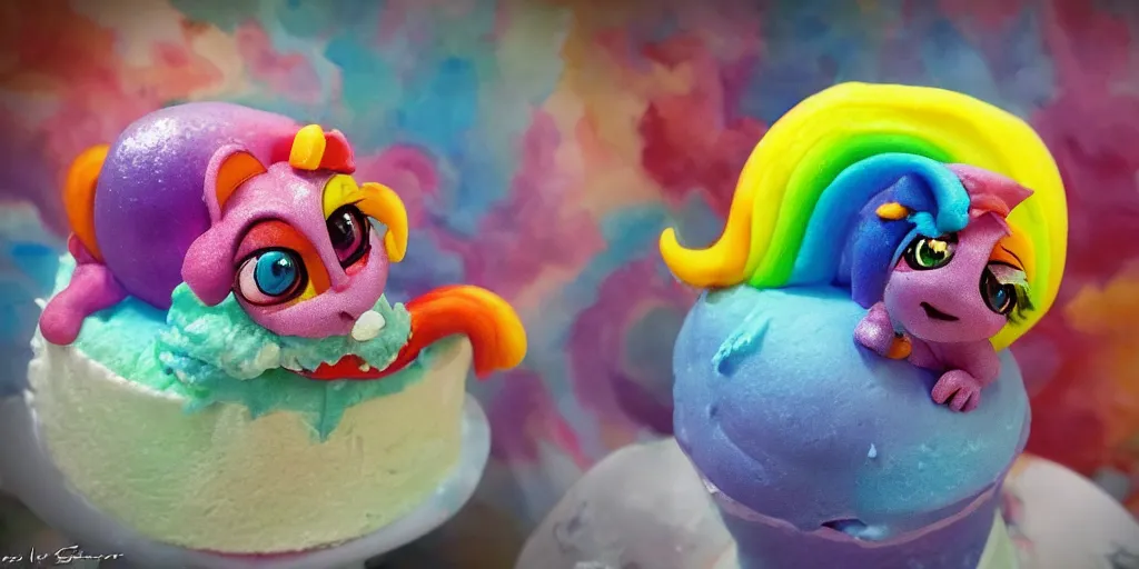 Prompt: rainbow sorbet made in the shape of 3 d littlest pet shop mythical manticore, realistic, melting, soft painting, desserts, ice cream, glitter, cake, forest, mountains, aurora, master painter and art style of noel coypel, art of emile eisman - semenowsky, art of edouard bisson