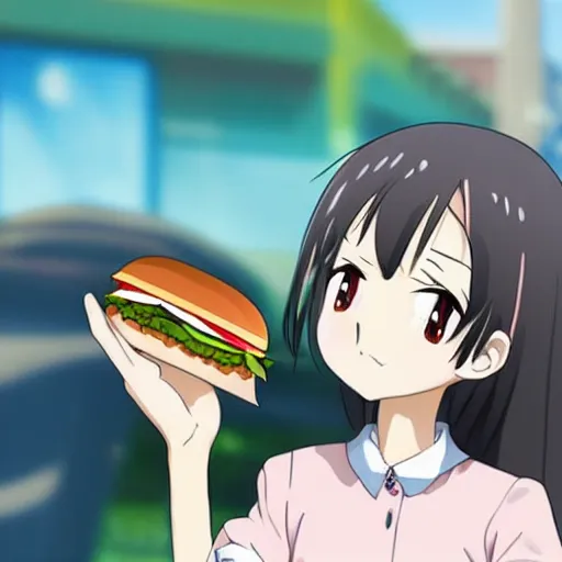 Image similar to anime girl eating a burger