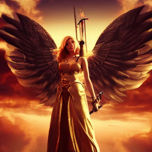 Image similar to Portrait of a beautiful woman in angelic battle armor and wings, wielding a flaming sword, among the clouds, golden hour, cinematic, epic, 4k, stylized, realism