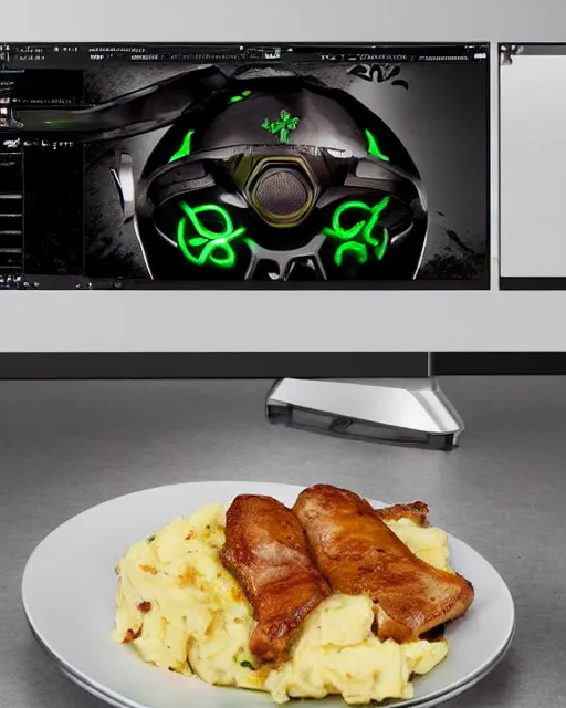 Image similar to gamer porkchops and mashed potatos on the new razer gaming LED plate, HD, trending on artstation, instagram post, LED