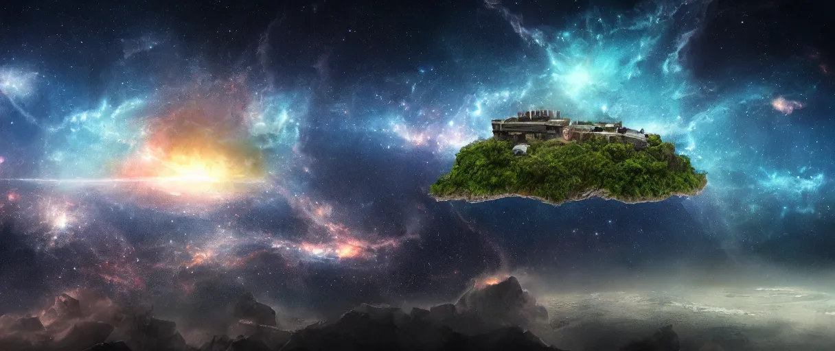 Image similar to a small lone crumbling island, center of image, floating in space, debris, planets, stars, nebula, studio, digital art, detailed, depth of field