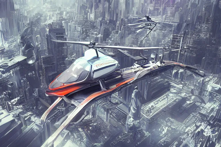 Image similar to futuristic autonomous helicopter scanning a desolate metropolis, digital art, fantasy, trending on artstation, professional illustration, cgsociety, ultra detailed