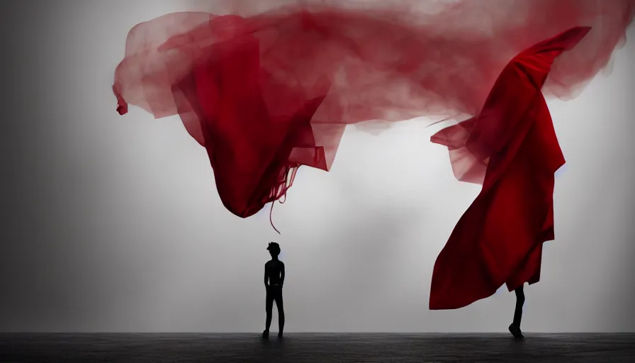 Image similar to a smoke - figure covered by red cloth that's blowing in the wind standing in a beautiful penthouse with atmospheric light, digital art, concept art, cloth simulation with houdini, octane, redshift, 8 k