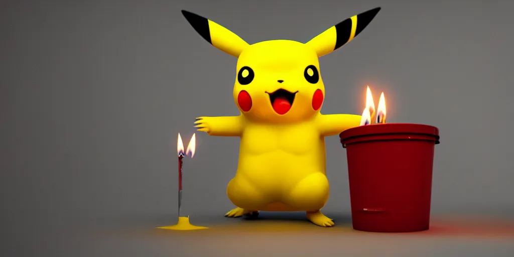Image similar to pikachu devouring a dog sharp teeth burtal eyes scary mouth dark room red candles trash bin octane unreal engine render 8k photorealistic extreme detail textured
