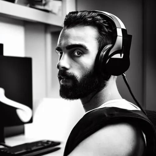 Prompt: black and white photo of gigachad with gaming headset sitting at a desk with gaming gear and an RGB PC, bleach bypass, dramatic lighting